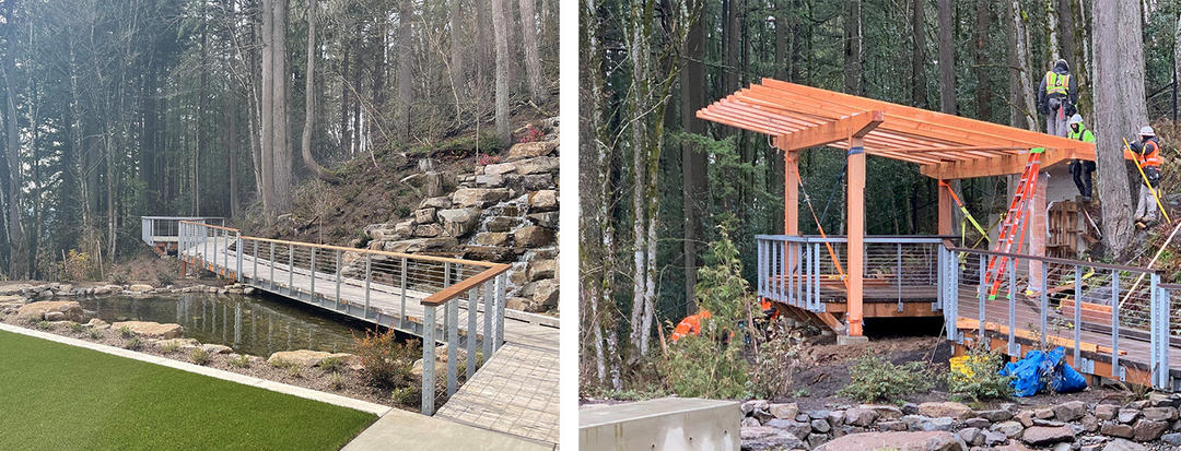 Before renovation a boardwalk extended to a platform on a hillside. During construction, workers install roof framing.