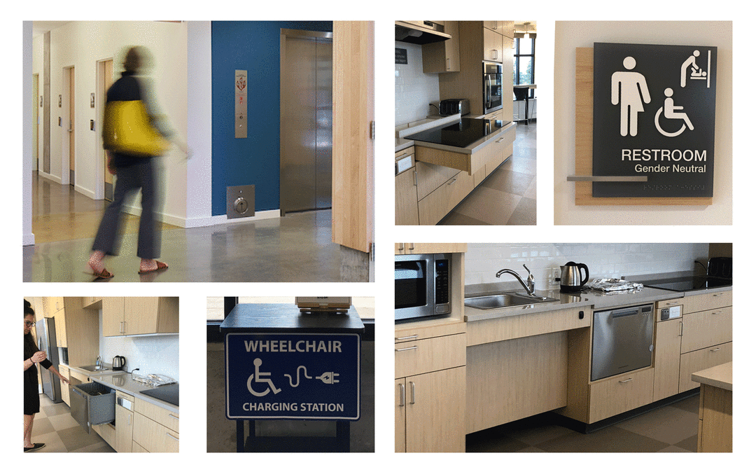 Image collage of elevator with kick plate, pull out stove top, all-user restroom sign, sink with wheelchair space underneath, pull out dishwasher.